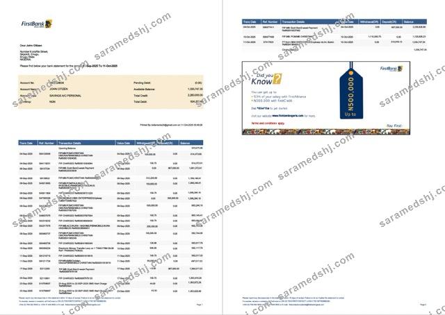 Nigeria First Bank account statement Word and PDF template, 2 pages, version 2